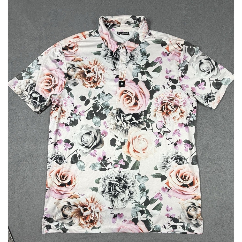 Bad Birdie Golf Polo Shirt Mens Large Floral Rose Polyester Spandex Performance